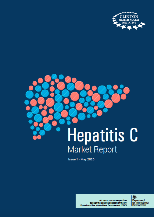 Cover page of the Hepatitis C Market Report featuring pink and blue pills on a dark blue background.