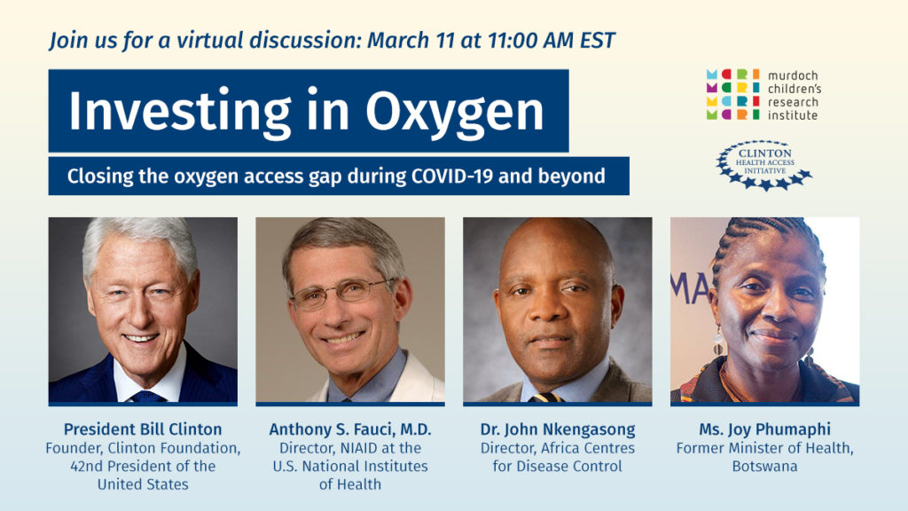 Investing In Oxygen virtual discussion promotional card which includes the title of the talk and photos of the moderator and panelists. The graphic is dark blue and soft yellow.