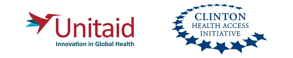 Unitaid and CHAI logos side by side. Unitaid spelled in red with subtext 'Innovation in Global Health'. Clinton Health Access Initiative spelled out with a circle of increasing sized stars surrounding it.