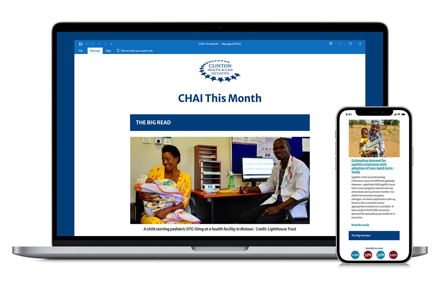 Laptop and mobile device displaying the CHAI This Month newsletter.