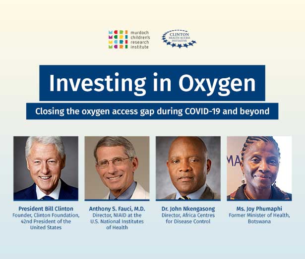 Investing In Oxygen virtual discussion promotional card which includes the title of the talk and photos of the moderator and panelists. The graphic is dark blue and soft yellow.